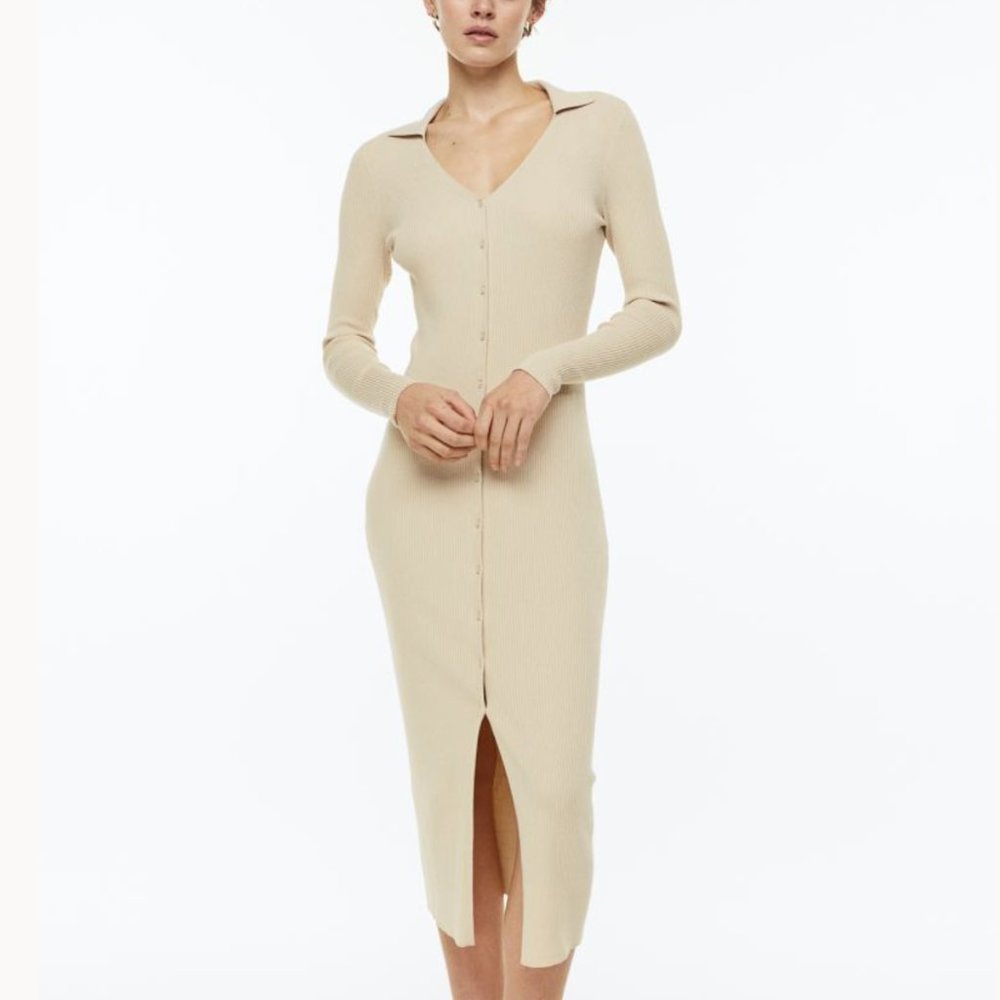 NWT H&M Collar Rib-knit Dress - Beige Cream